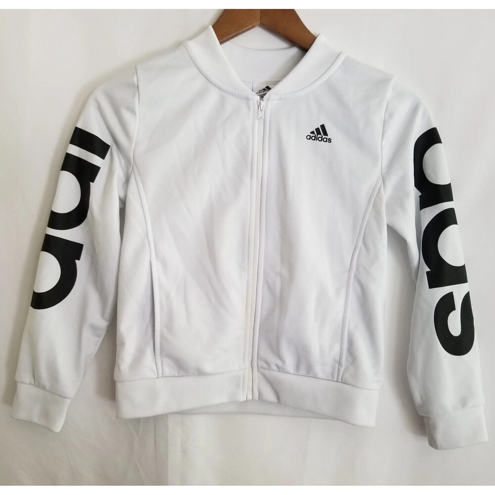 Adidas Kids White Full Zip Track Jacket Size Medium ( 10 / 12 ) Logo Sleeve